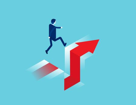 Business jumps over a cliff. Edge of gap concept. Isometric vector cartoon styleのイラスト素材