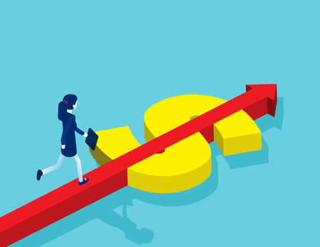 Businessman standing on pointer and exploring direction. Looking through telescopeのイラスト素材