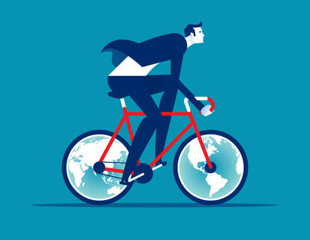 A woman ride a bicycle with globes for wheelsのイラスト素材