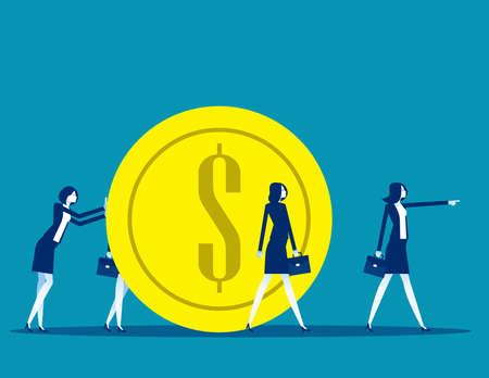 Business family pulling large coin. Business financial concept. Flat cartoon vector illustrationのイラスト素材