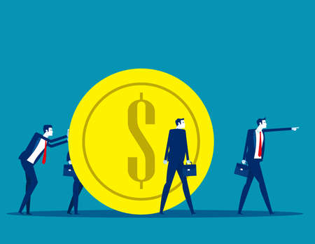 Business family pulling large coin. Business financial concept. Flat cartoon vector illustrationのイラスト素材