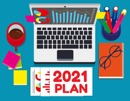 2021 plan text with office accessories. Top view for aboveのイラスト素材