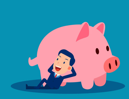 A businessman reclines close to the piggy bank. Saving money conceptのイラスト素材