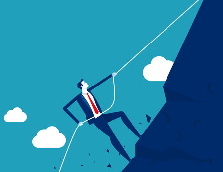 Strong businessman making effort. Climbing mountain with rope and achieving goalsのイラスト素材