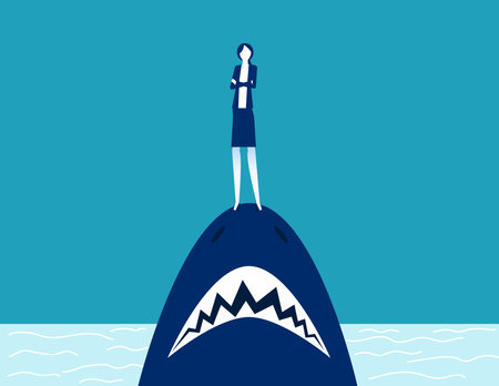 Businesswoman standing on shark mouth. Stand on dangerのイラスト素材