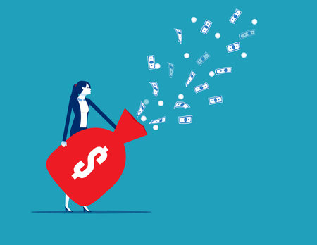 A woman hold money sack and collection dollar coinsのイラスト素材
