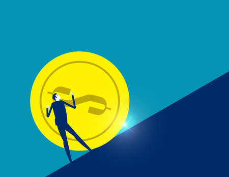 Businessman moving the huge gold coin to the top. Financial growthのイラスト素材