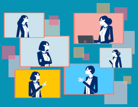 Online working in computer windows. Virtual business meeting conceptのイラスト素材