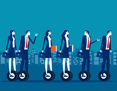 Urban people riding electric scooters meeting and go to working