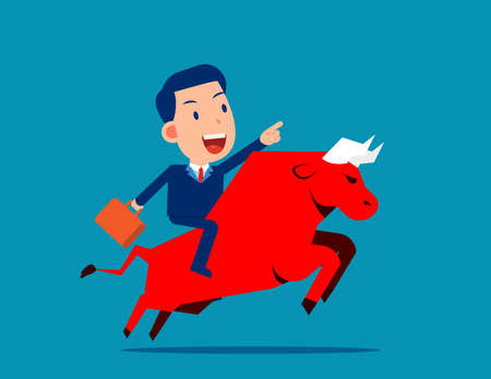 Ride a red bull. Bull market concept. Flat cartoon vector style designのイラスト素材