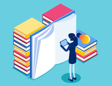 Reading book on library. Library reading page for study. Isometric vector conceptのイラスト素材