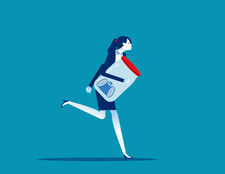 Businesswoman hold his save money in jar with runningのイラスト素材