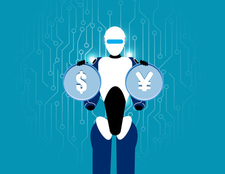 Holding dollar and yuan digital currency. Technology financial marketing conceptのイラスト素材
