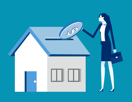 Mortgage concept. Puts dollar coin in house or bank buildingのイラスト素材