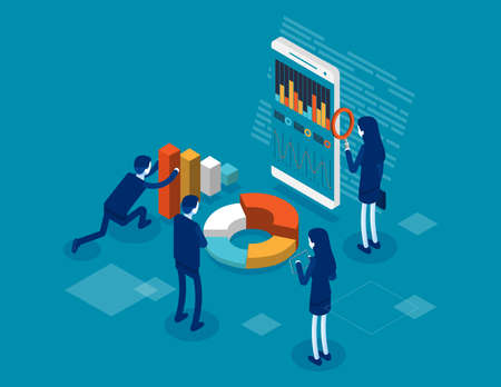 Online statistics and data analytics. Isometric application of smartphone with business graph and...