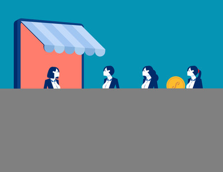 Sellers hand over items on mobile screens and customers line up to purchase. Mobile shopping mallのイラスト素材