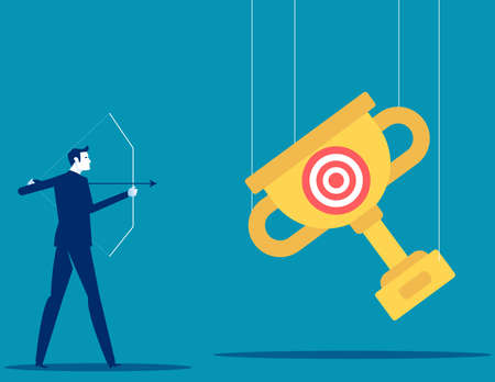 Aiming with bow at target on trophy cup. Reward competition concept, Targeting and marketingのイラスト素材