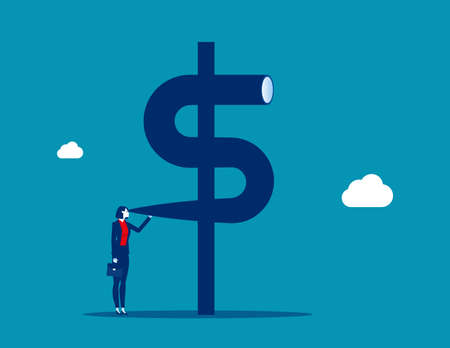 Businessman look into dollar sign telescope to see future. Investment opportunity discovery and financial visionのイラスト素材