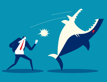 Business person fighting shark and win. Business cartoon conceptのイラスト素材