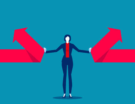 Businesswoman pushing the arrow and changing the direction. Business vector illustrationのイラスト素材