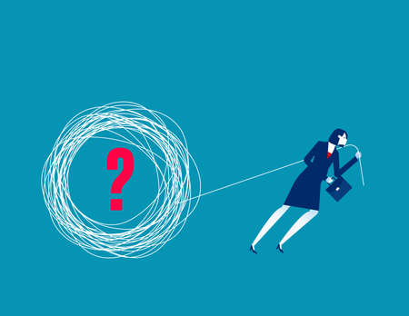 Pulling the tangled ropes with question mark. Business vector illustration conceptのイラスト素材