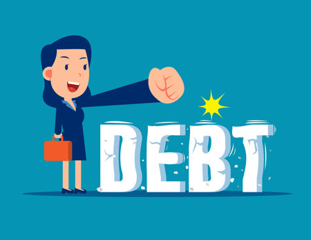 Businesswoman trying to crush and smash the heavy debt burden. Breaking the debtのイラスト素材