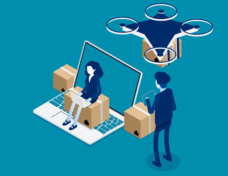 Drone delivery isometric concept with man and woman with boxes and laptop vector illustrationのイラスト素材