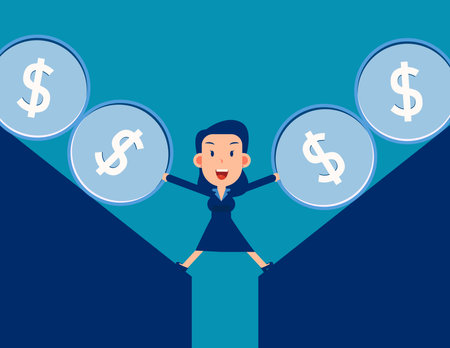 Businessman holding dollar signs. Vector illustration in flat design style.のイラスト素材