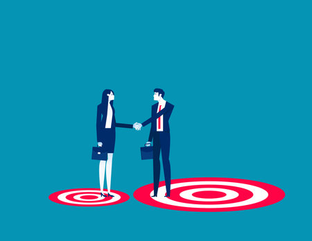 Businessman and businesswoman shaking hands on target. Business concept vector illustration.のイラスト素材