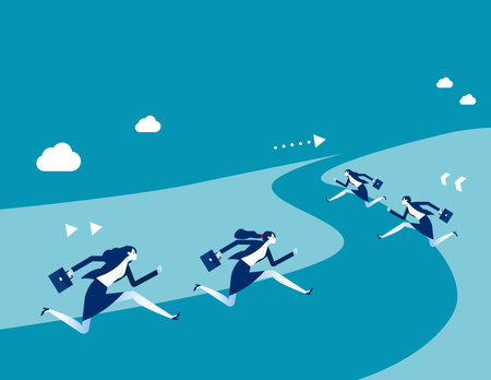 businesswomen running in the landscape with clouds and road vector illustration designのイラスト素材