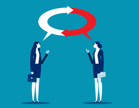 Listen person feedback to improve work quality. Business communication vector illustrationのイラスト素材