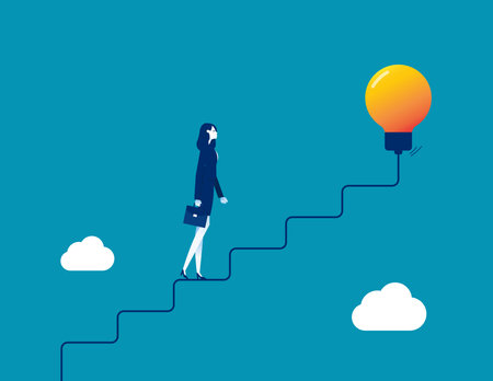Businesswoman climbing up the stairs to the light bulb. Vector illustrationのイラスト素材