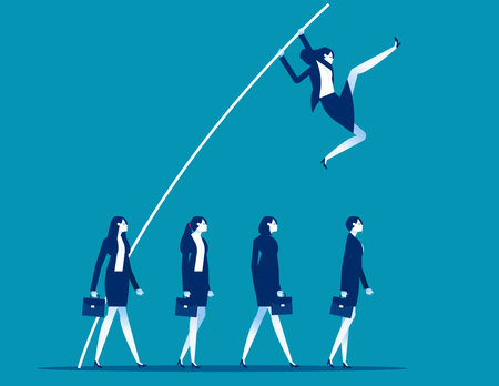 Business person uses pole vault to jump companion to reach the goal. Business advantages and skill vector illustrationのイラスト素材