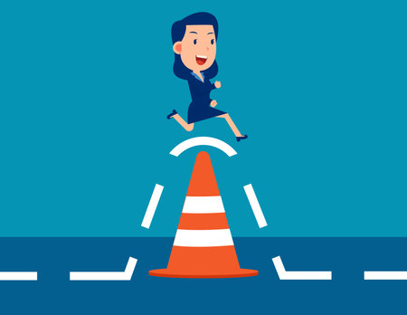Business person jump pass traffic pylon roadblock. Overcome business obstacleのイラスト素材