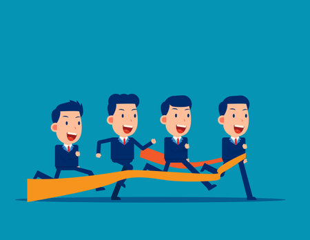 Business people run race crossing finish line ribbon. Business leadership concept vector illustrationのイラスト素材