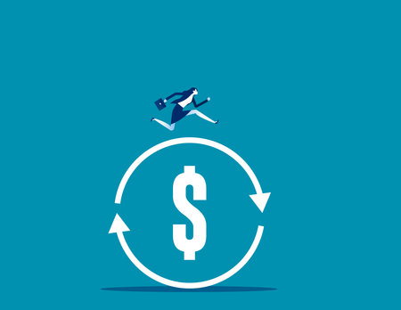Businesswoman runs on the arrow of dollar loop. Business of exchange rateのイラスト素材