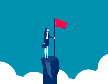 Businesswoman standing on top of mountain holding a flag. Business vector illustrationのイラスト素材