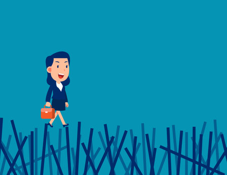 Business executive takes the risk of walking over a collapsing fence. Business vector illustrationのイラスト素材