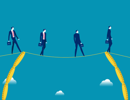 Team walking a wire rope from one section of the pile of coins to the other end of the pile of coins. Business vector illustrationのイラスト素材