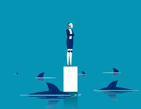 Robot with surrounded shark. Artificial intelligence business vector illustrationのイラスト素材