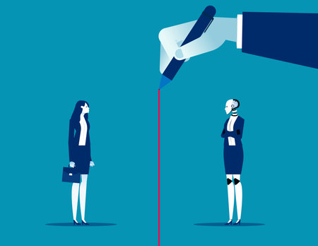Robot and human with red line separation. Artificial intelligence business vector illustrationのイラスト素材