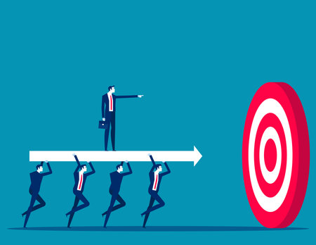 Business team carry huge arrow with leader standing on it running to huge target. Business goals achievement vector conceptのイラスト素材