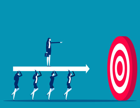 Business team carry huge arrow with leader standing on it running to huge target. Business goals achievement vector conceptのイラスト素材