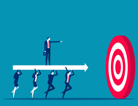 Business team carry huge arrow with leader standing on it running to huge target. Business goals achievement vector conceptのイラスト素材