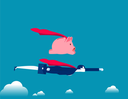 Business leader and piggy bank flying together. Business finance vector illustrationのイラスト素材
