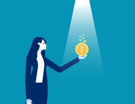Business person holding seedling coin in hand at sunlight. Business financial vector conceptのイラスト素材