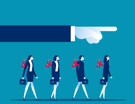 Clockwork toy businesspeople walk in unison as big hand controls their direction. Business vector illustration conceptのイラスト素材