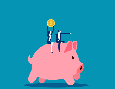 People riding piggy bank. Business financial growth patches vector illustrationのイラスト素材