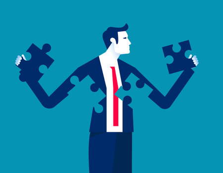 Business person with jigsaw puzzles in hands. Business vector illustrationのイラスト素材