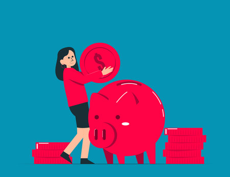Putting money into piggy bank. Saving vector conceptのイラスト素材